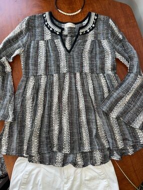 Boho Bell Sleeve Black Silver White Red Green Stripe Peasant Tunic Altar'd State